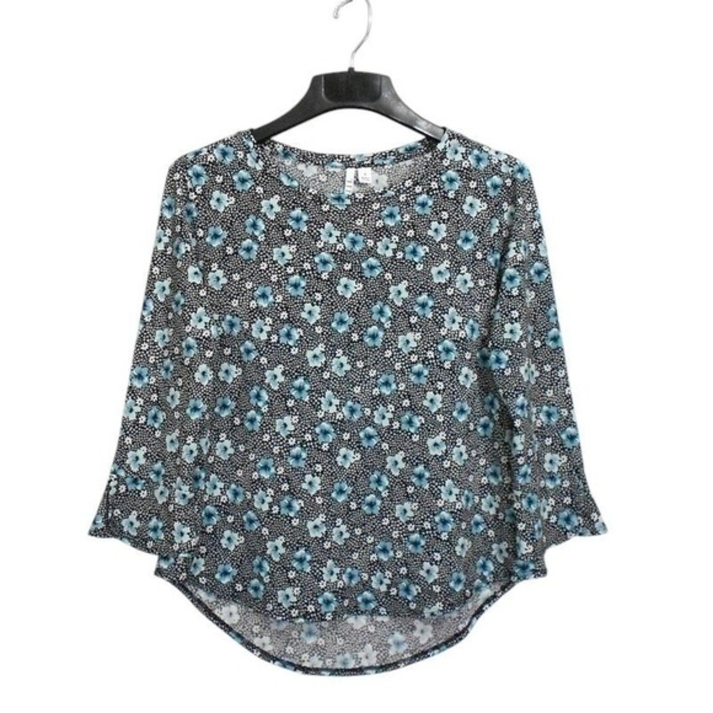 ELLE Womens Top Small Black Multi 3/4‎ Flared Sleeve Floral Print Blouse